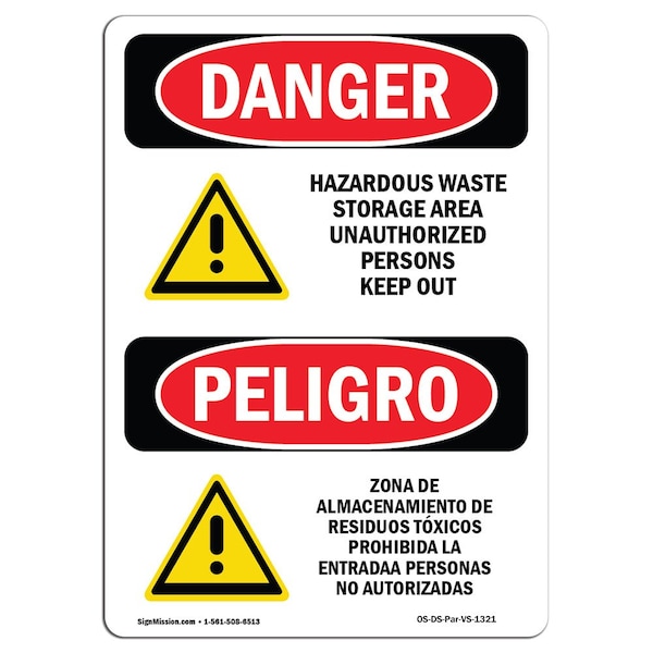 Safety Sign, OSHA Danger, 5" Height, Hazardous Waste Storage Area Bilingual Spanish, 10PK